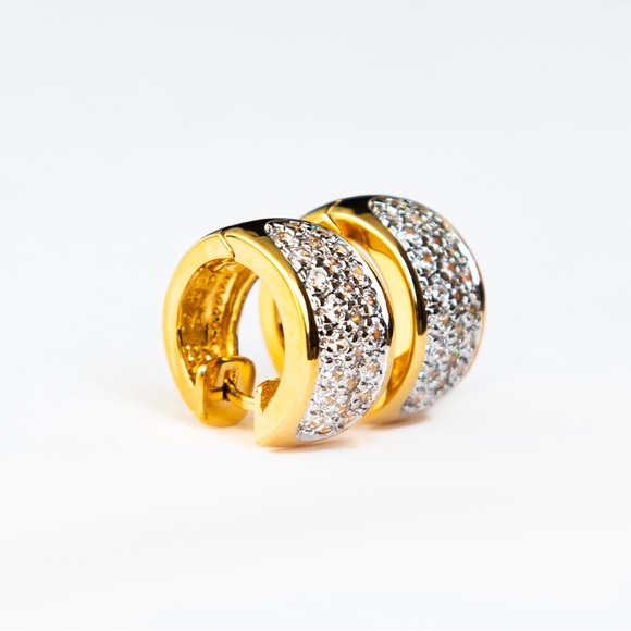 Quiet luxury huggie hoop gold tone earrings pave CZ minimalist by Brilliante - Picture 3 of 16